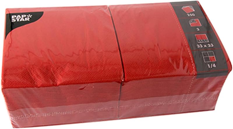 Papstar 12483 Napkins 3-Ply 4-Fold 33 x 33 cm Red Pack of 250
