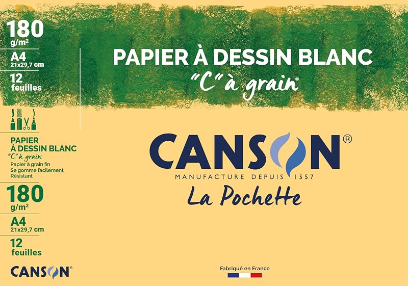 CANSON "C" à Grain – Pack of 12 Sheets of A4 White Drawing Paper – 180 g/m²