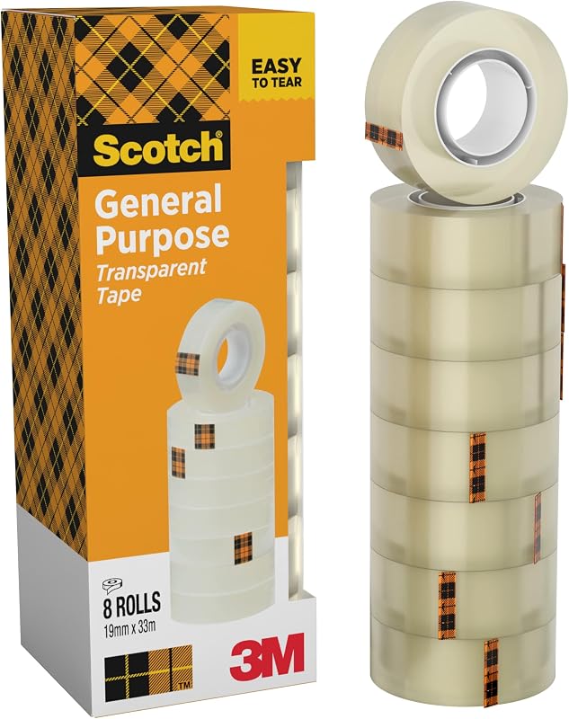 Scotch 8 Rolls 19mm x 33m Clear Tape - General Purpose Clear Adhesive Tape for School, Home and Office (Packag