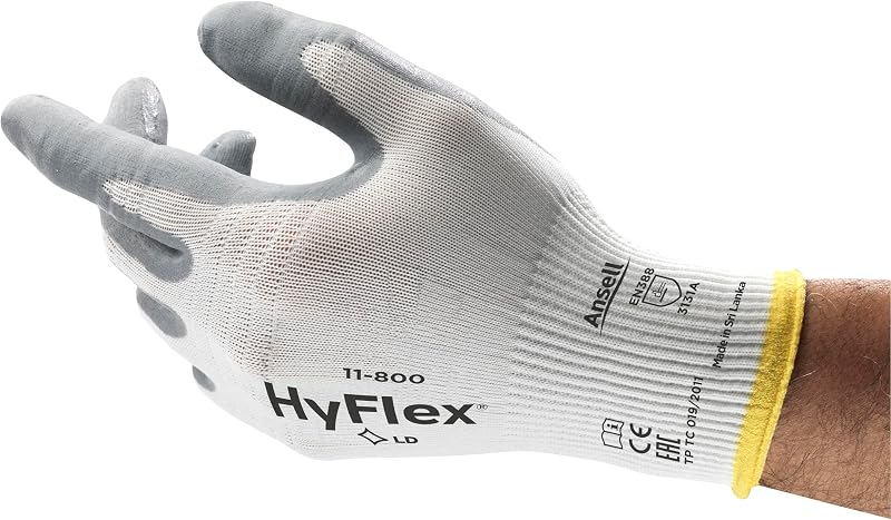Ansell Hyflex 11-800 Professional Work Gloves, Abrasion Resistant Nitrile Coating, Industrial Protection Multi