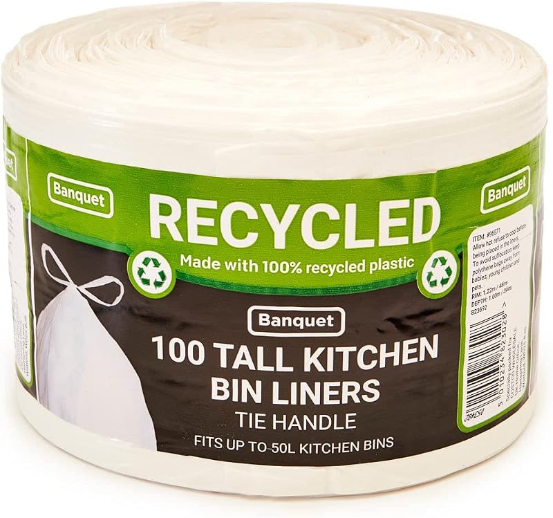 100 Pack Recycled Kitchen Bin Liners with Tie Handle, White