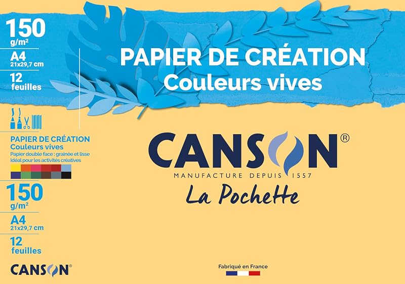 CANSON - Pack of 12 sheets of A4 creative paper - 150 g/m² assorted bright colours