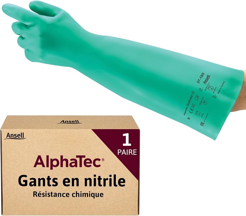 Ansell AlphaTec 37-185 Nitrile Chemical Protection Gloves, Heavy Duty Waterproof Glove, Liquids and Solvents, 