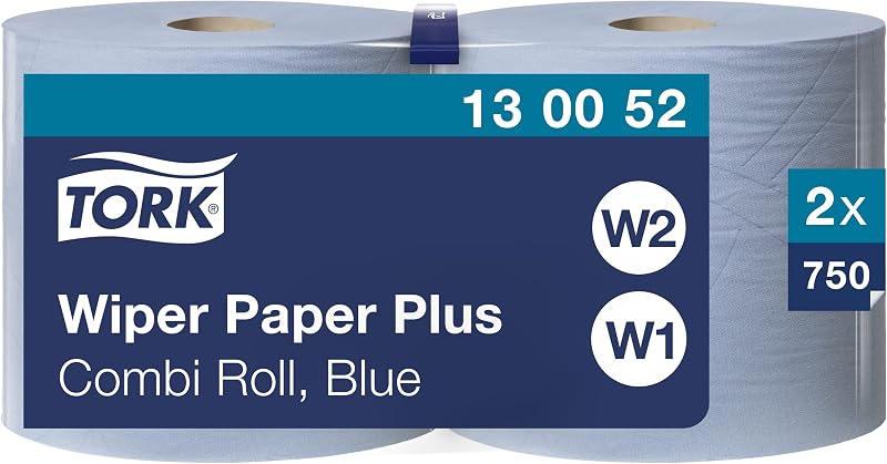 Tork 130052 Premium Plus W1-W2 Wiping Paper - 225 m x 23.5 cm - Pack of 2 - Blue | Blue, 225m x 9.5cm, 2 Pack