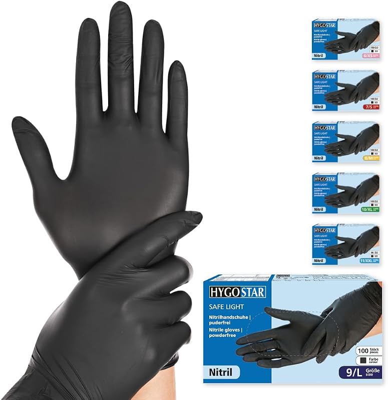 Franz Mensch Hygostar Safe Light Nitrile Powder Free Disposable Gloves Black 9/L 9.5" x 9.5" (XS, S, M, L, XL,
