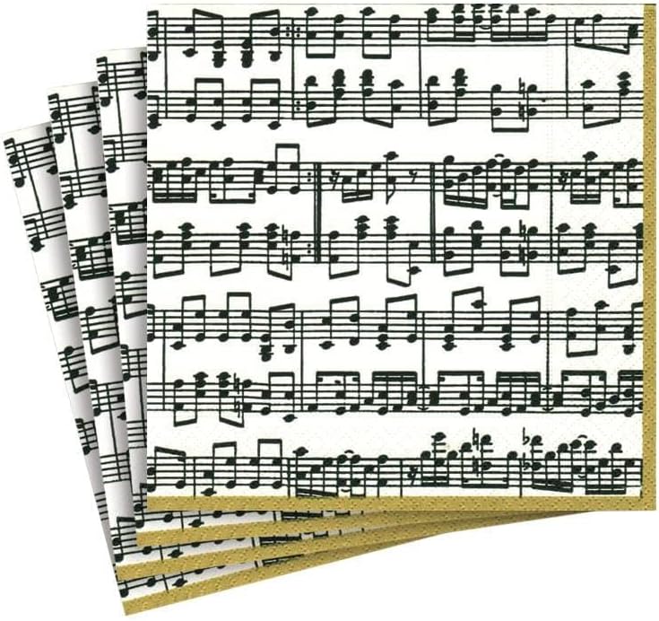 Caspari Pack of 20 Musica Cocktail Napkins, Fabric, Black/White, 12.5 x 12.5 x 0.1 cm