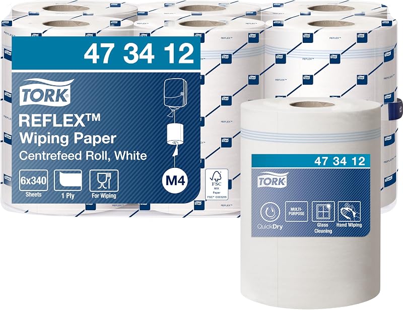 Tork Reflex 473412 Premium Centerfeed Wiping Paper | White, One Ply, 113, 9m x 19.4cm, Pack of 6, Compatible w