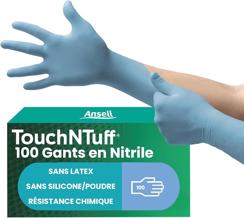 Ansell TouchNTuff 92-670 Disposable Nitrile Powder-Free Gloves, High Chemical and Mechanical Protection, Food 