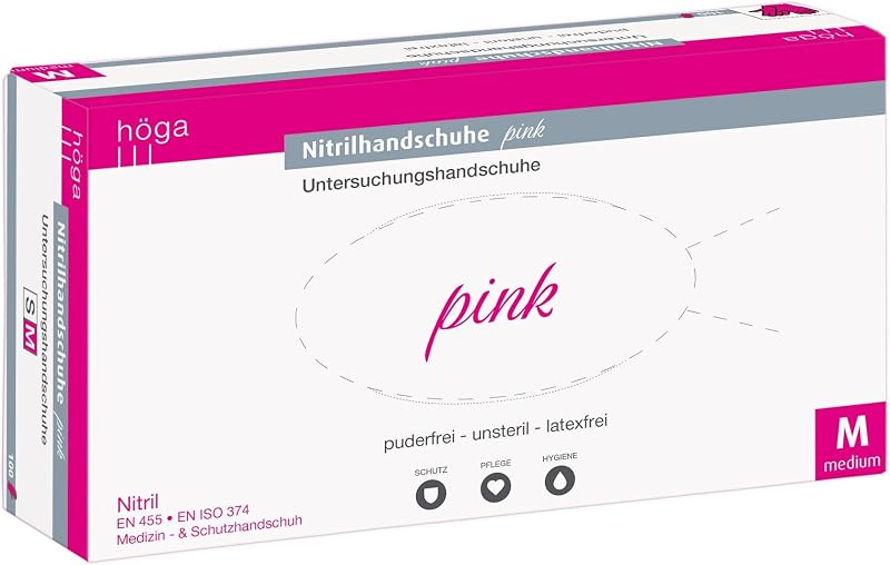 Höga Pharm Pink Nitrile Gloves, Medium, Powder-Free, Non-Sterile, 1st Pack (1 x 100 Pieces)