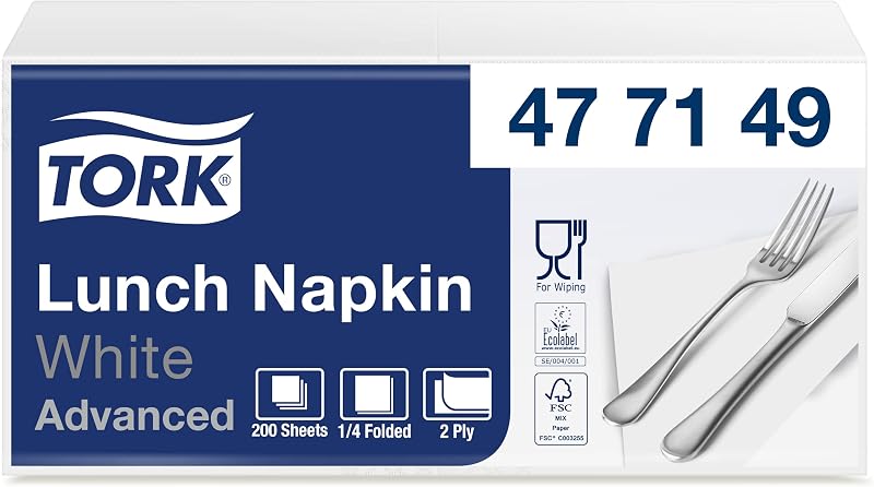 Tork Lunch Napkin, White, 33 x 33 cm, 2 Ply, 1/4 Folded, 1 x 200