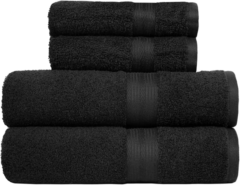 Amazon Basics 4-Piece Bath Set – 100% Cotton Anti-Fade – 2 Bath Sheets + 2 Hand Towels, Black