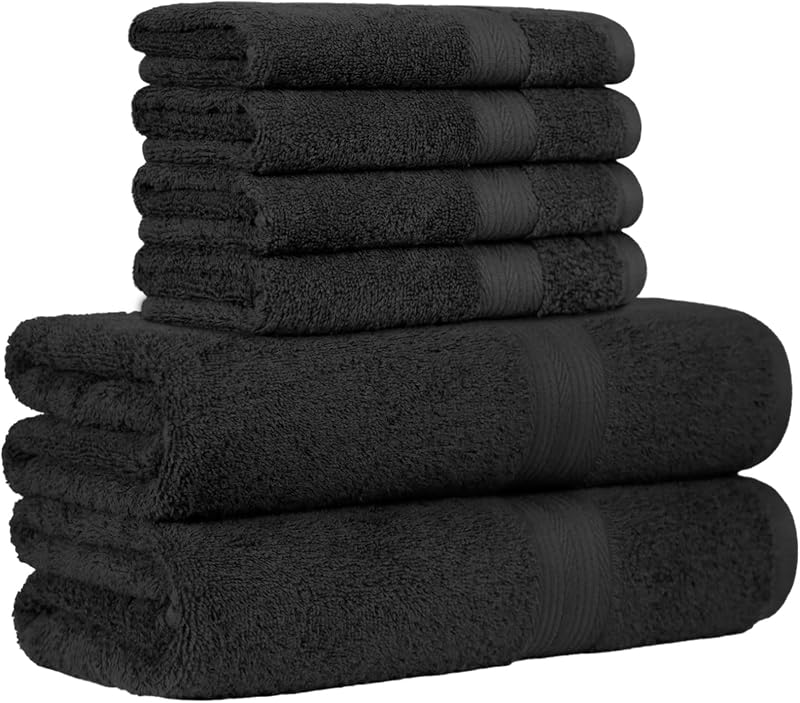 Amazon Basics 6-Piece Bath Set – 100% Cotton Anti-Fade – 2 Bath Sheets + 4 Hand Towels, Black