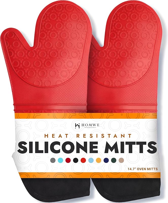 HOMWE Pair of Extra Long Silicone Kitchen Gloves with Quilted Lining, Heat Resistant, Flexible Oven Gloves, Re