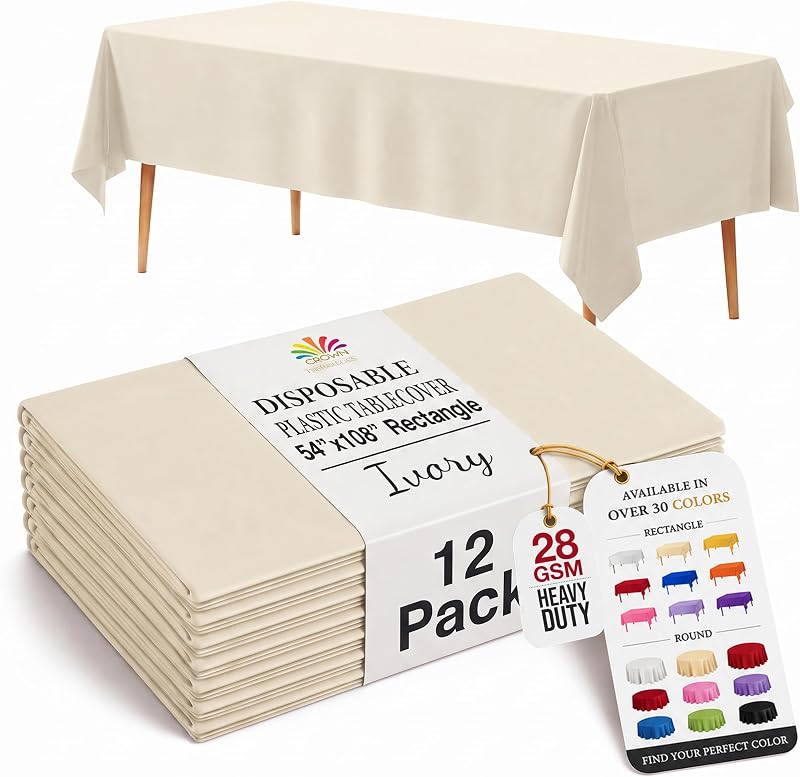 Exquisite - 12 Pack Ivory Plastic Tablecloths, 54" x 108" Rectangular Disposable Tablecloths for Parties, Heav