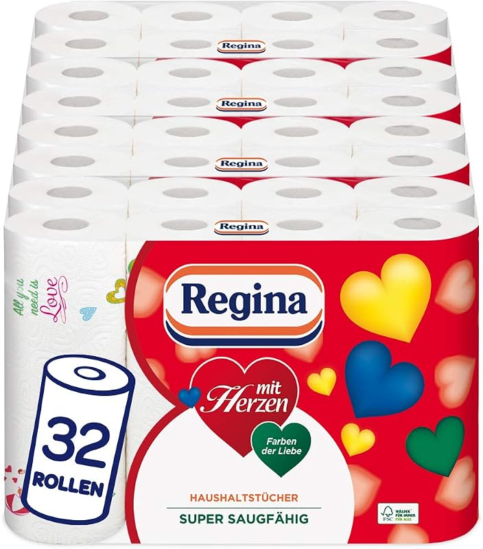 Regina mit Herzen Hand Towel 3 Ply | 32 Rolls Pack (8 x 4 Individual Packs) | 43 Sheets Per Roll | Super Absor