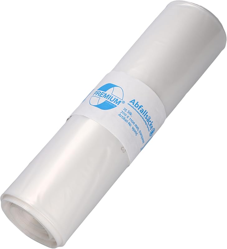 DEISS Transparent waste bags 120L – 700x1100 mm – 70 µm – recycled LDPE – 25 bags/roll – high strength – for c