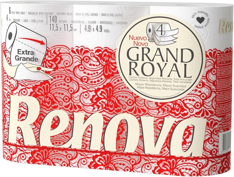 Renova Grand Royal Toilet Paper | 6 Rolls | Extra Large Sheets | Extra Comfort|4 Ply White