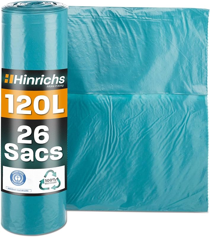 Hinrichs Sacs Poubelle 120 L Ultra Resistant - 70x110 cm - Rouleau de 26 - Sacs Poubelle en LDPE recyclé - Sac