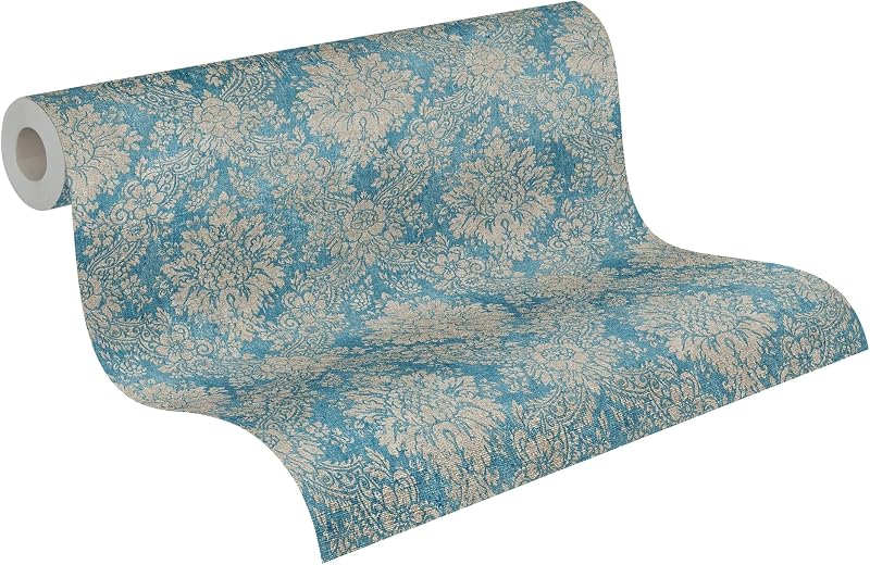 A.S. Création Papier peint intissé - Papier peint baroque en bleu, marron et argent - Tapisserie papier peint 