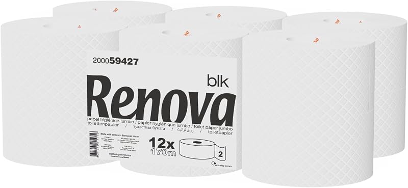 Renova BLK Jumbo Toilet Paper | 12 Rolls of 170 m | 2 Ply White Paper