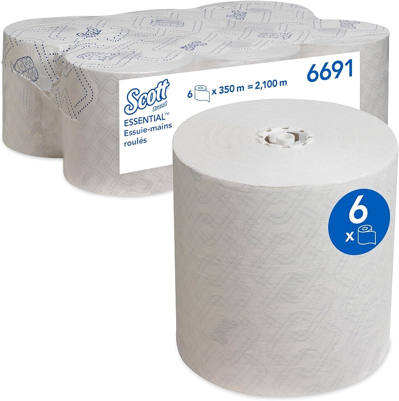 Scott Essential 6691 Rolled Hand Towels, White Paper Hand Towels, Highly Absorbent, Food Contact Certified, 6 
