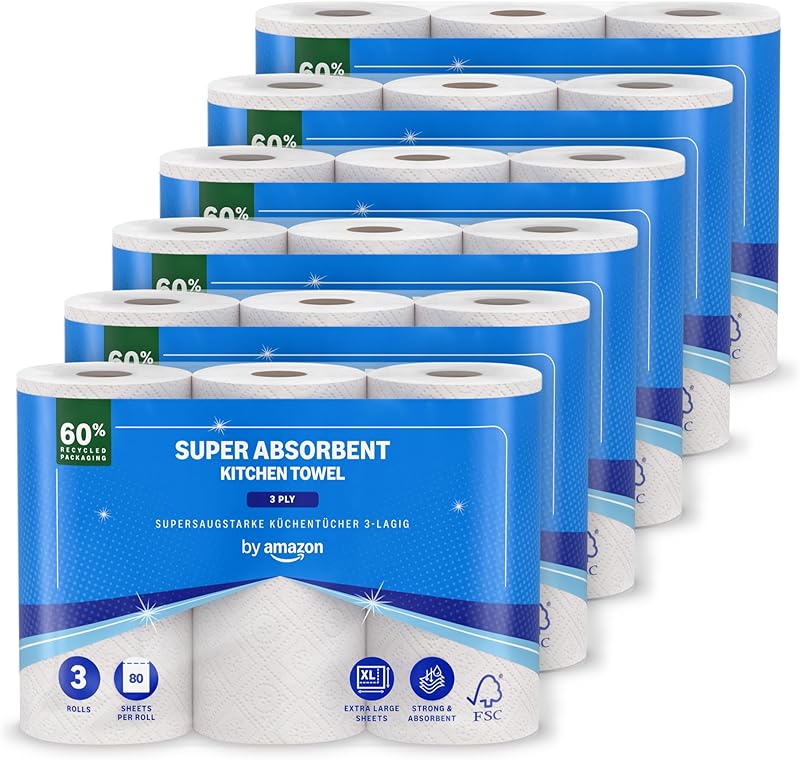 by Amazon Super Absorbent Paper Towel, Triple Thick, 18 Rolls (6 Packs of 3), 80 Sheets per Roll, FSC Certifie