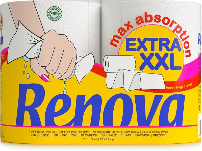 Renova Extra XXL 2-Ply White Paper Towel, 1 XXL Roll = 3 Standard Rolls, 2 Rolls