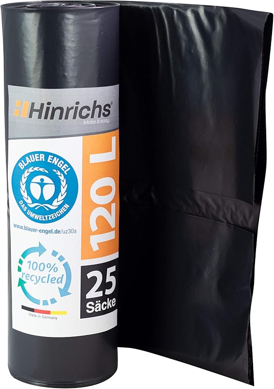 Hinrichs 25 x Extra Tear Resistant Bin Liners, 120 L, 70 x 110 cm, Black Recycled LDPE Bin Liners, for Garden,