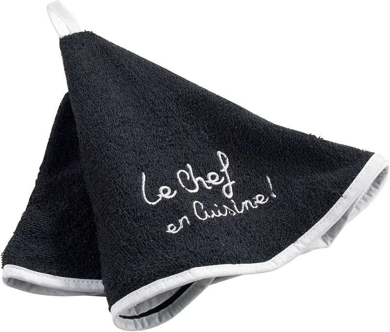 Douceur d'Intérieur Cuistot Round Hand Towel (0) 60 cm Embroidered Sponge Cuistot Cotton, Black, 60 x 60 cm