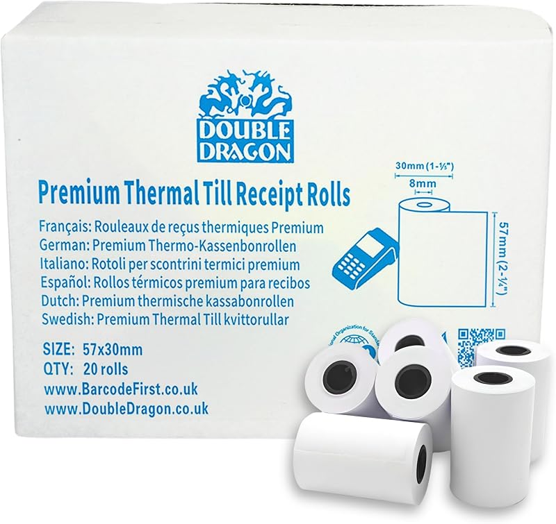 Double Dragon PDQ Thermal Paper Rolls 57 x 30 mm | BPA Free | Compatible with SumUp, Ingenico, PayZone, Verifo