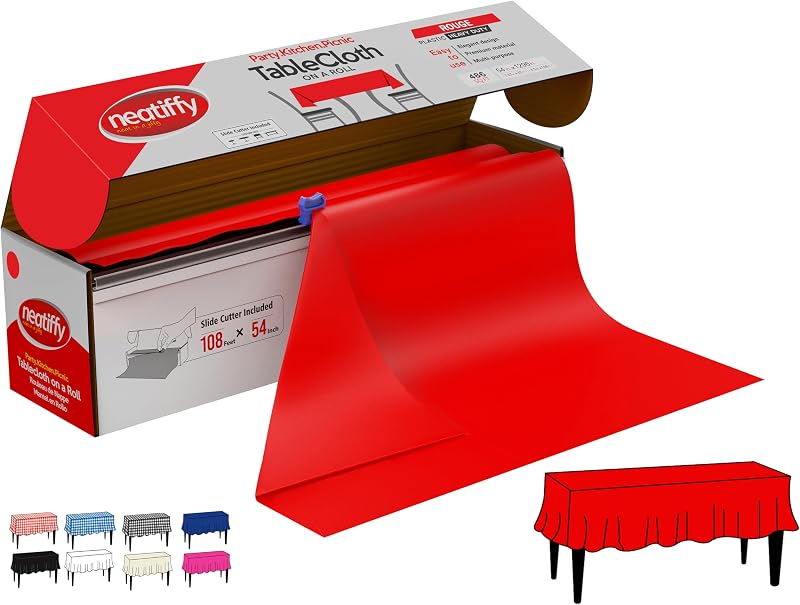 Neatiffy Disposable Roll Tablecloth - Plastic Waterproof Thick Table Cover - Built-in Side Cutter - Party Tabl