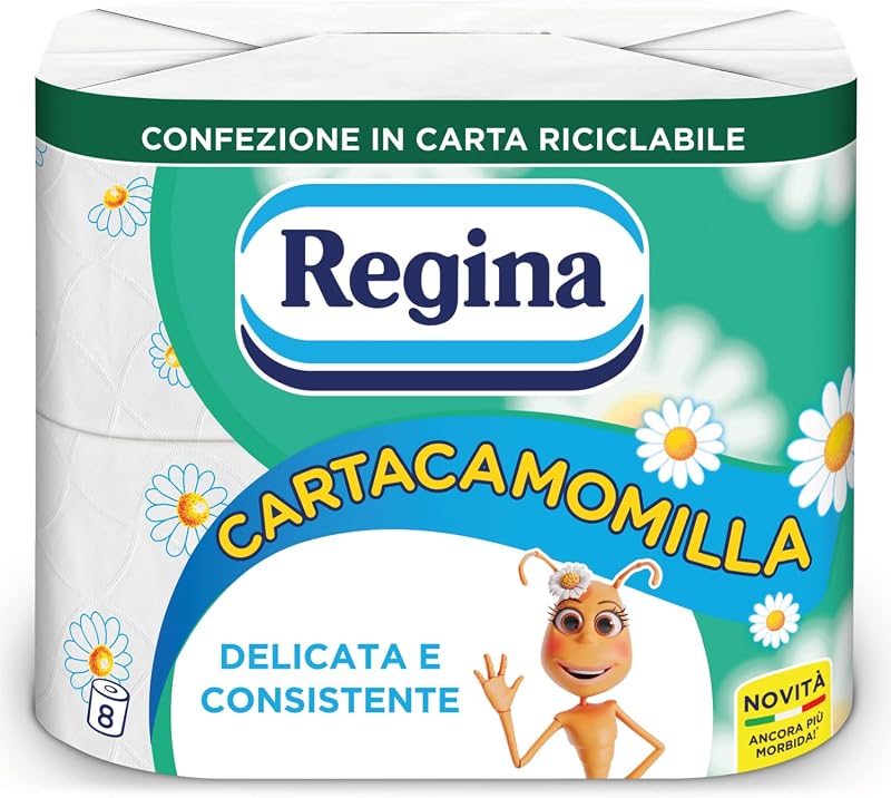 Regina Cartacamomilla 8 Rolls Toilet Paper 300 Sheets Fluffy 3 Veil Delicate and Consistent Paper Packaging Re