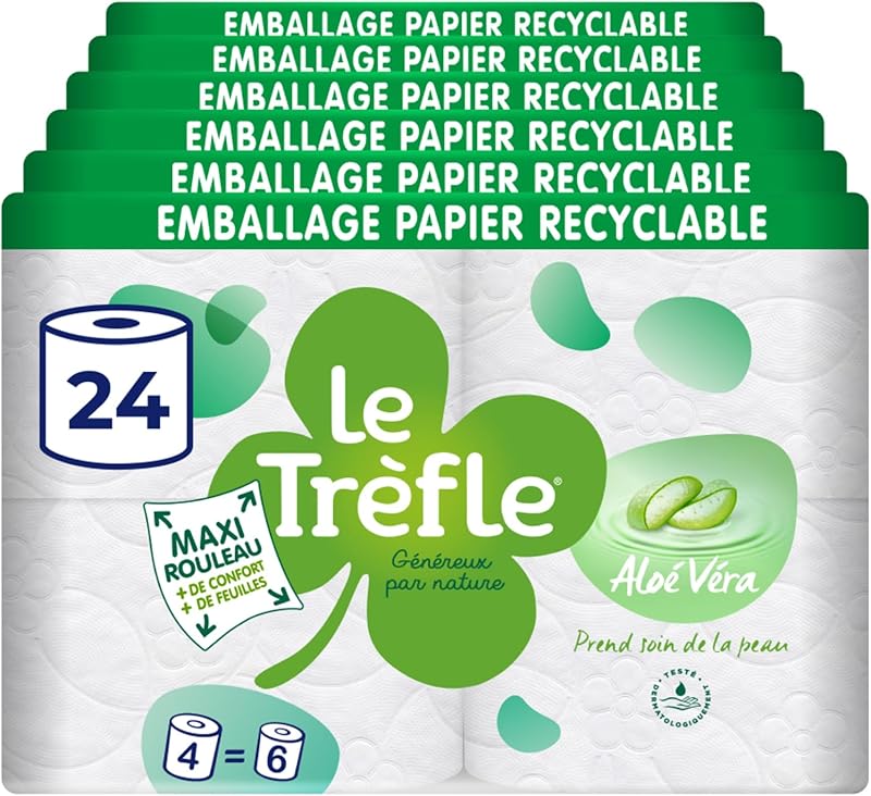 Le Clover Aloé Vera, 24 Rolls of Toilet Paper, 3 Ply | 24 Maxi Rolls = 36 Classic Rolls, Cellulose Wadding, wi