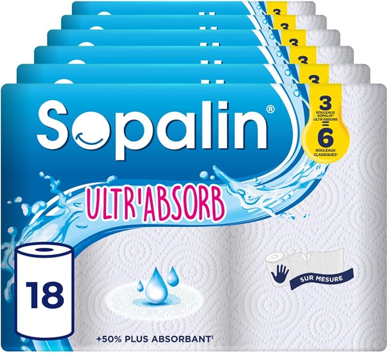 Sopalin Ultr'Absorb – 18 Maxi Rolls Equal to 36 Classic Rolls – 50% More Absorbent – Maxi Rolls 2 Times Longer