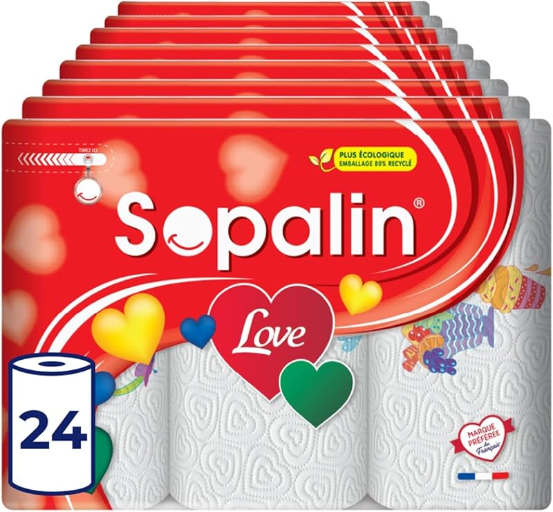 Sopalin Love 24 Rolls Kitchen Towels 2 Ply | 47 Sheets per Roll, Decorated with a Heart-Shaped Texture, White