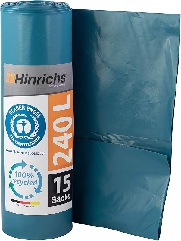 Hinrichs 15 x Extra Tear Resistant Bin Liners, 240 L, 100 x 125 cm, Blue Recycled LDPE Bin Liners, for Garden,