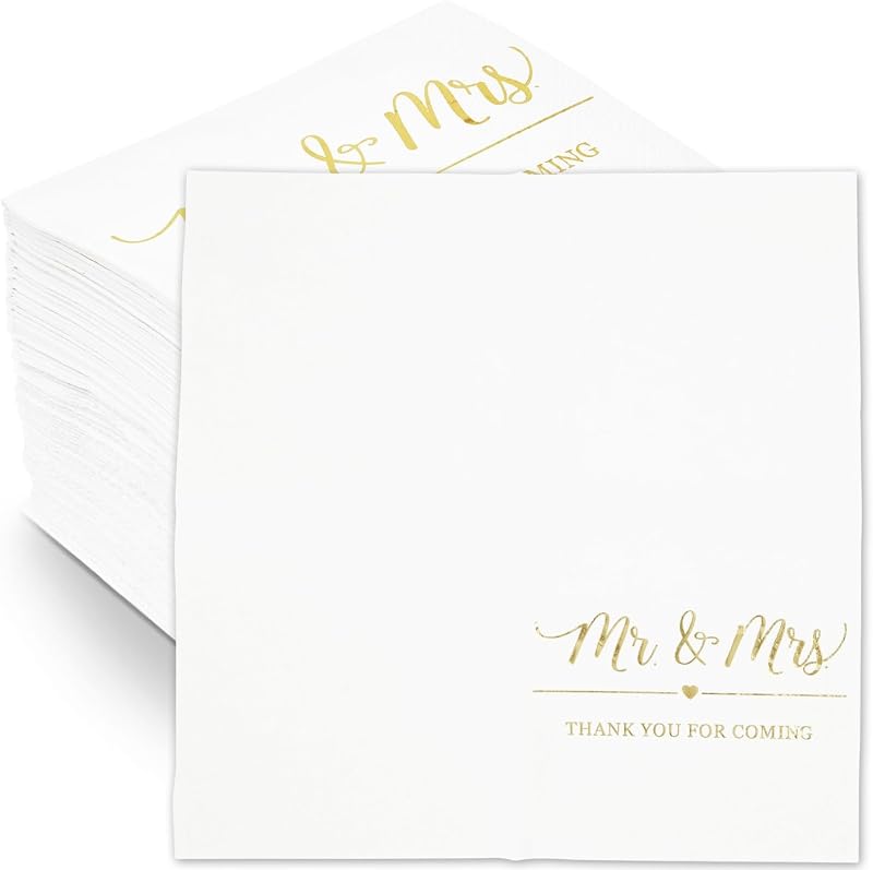 Mr & Mrs Cocktail Napkins, 100 Pack Gold Patterned Cocktail Napkins for Wedding (5 Inch 3-Ply White)