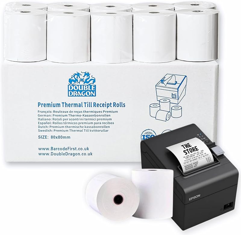 Double Dragon Pack of 20 rolls of premium thermal paper 80 x 80 mm for receipts, EPOS printers, POS terminals