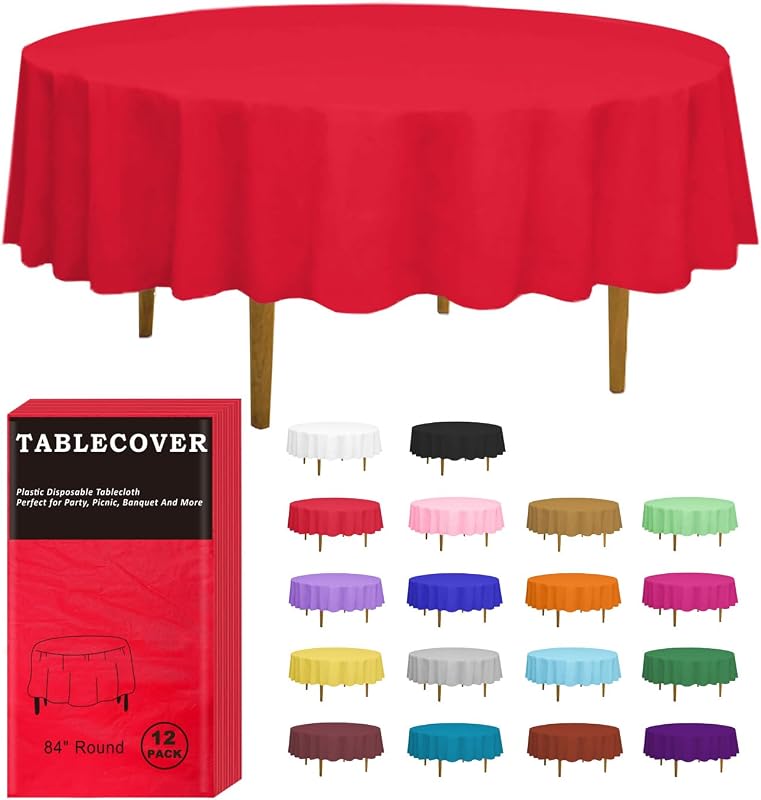 D&Z 84" Red Plastic Tablecloths Round Disposable Tablecloths for Party, Birthday, Wedding, Christmas, Pack of