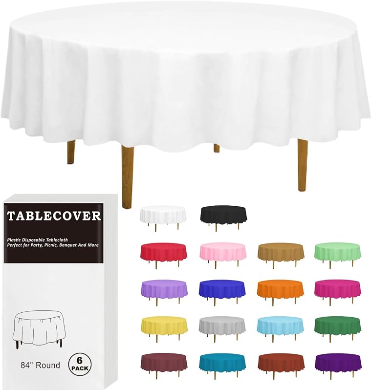 D&Z 6 Pack 84" Round Plastic Tablecloths Disposable Tablecloths for Party, Birthday, Wedding, Christmas, White