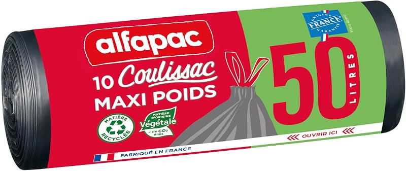 Alfapac Coulissac Bin Bags Maximum Weight 50 L Pack of 10 | Bags with sliding ties - made in France - bi-mater