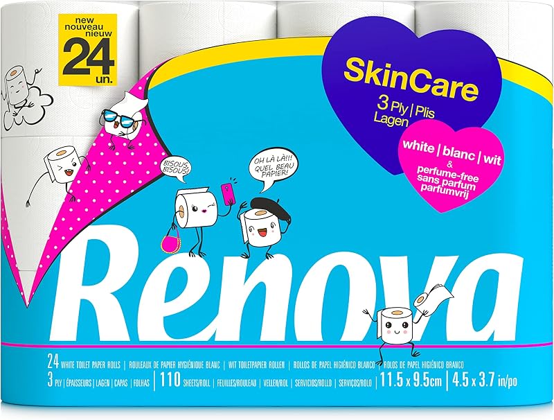 RENOVA SkinCare 3 Ply White Toilet Paper, 24 Rolls