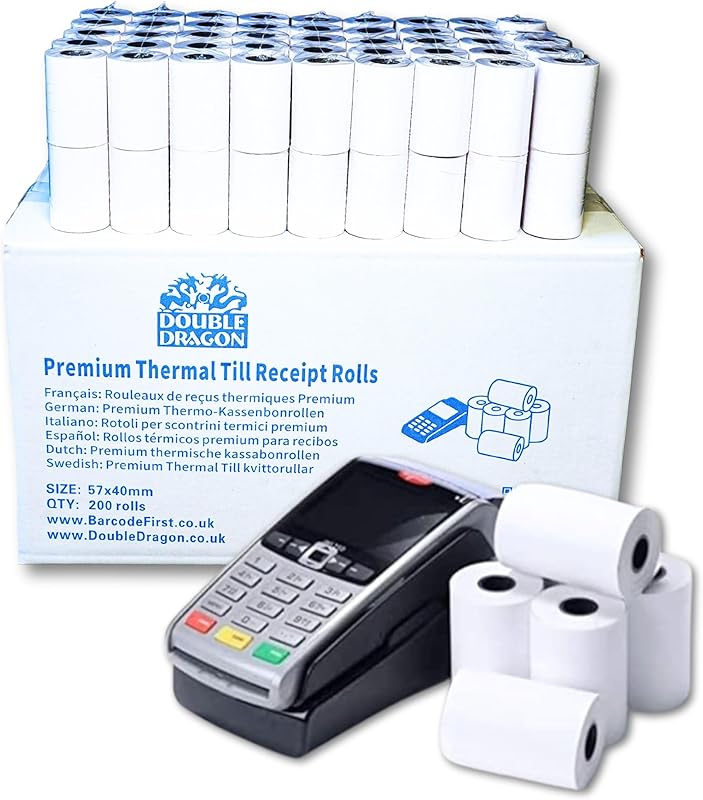 Double Dragon, rouleau de papier thermique premium de 57 x 40 mm pour reçu de caisse pour machine à cartes de 
