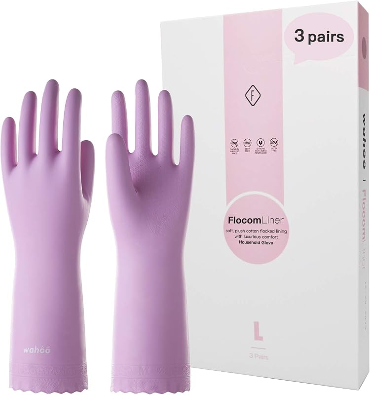LANON 3 Pairs Wahoo Skin-Friendly Cleaning Gloves, Dishwashing Gloves with Flocked Cotton Lining, Reusable, No