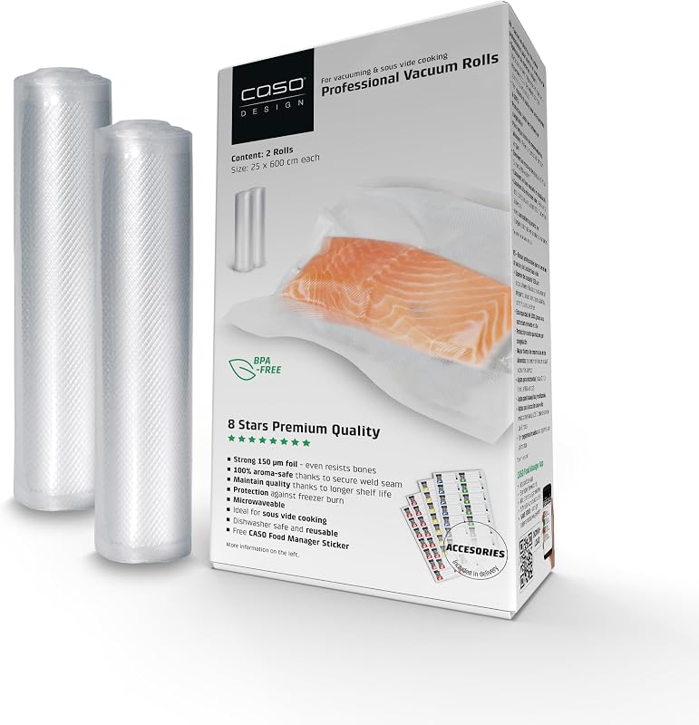CASO Professional Vacuum Sealer Bag for Food 25 x 600 cm/Pack of 2 for All Vacuum Sealer Machines 150 µm, Boil