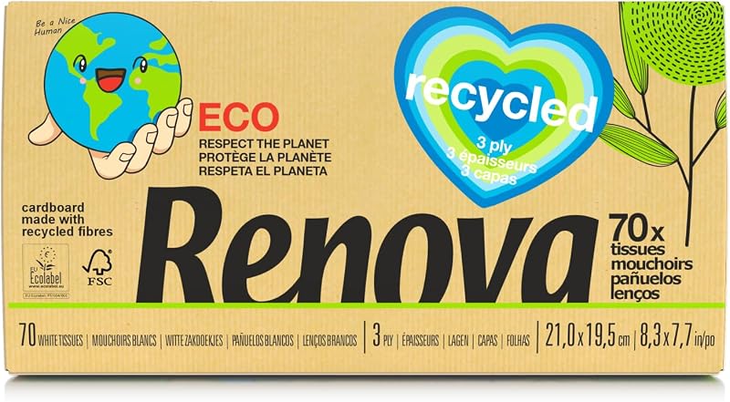 Renova Recycled Box Tissues | 70 Handkerchiefs | Packaging and Recycled Paper | 3-Ply White