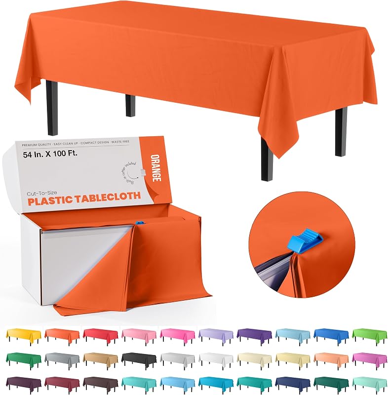 54" x 100ft Orange Plastic Tablecloth Roll in a Cut Out Box with Handy Zipper Cutter - Cut Up to 12 Rectangula
