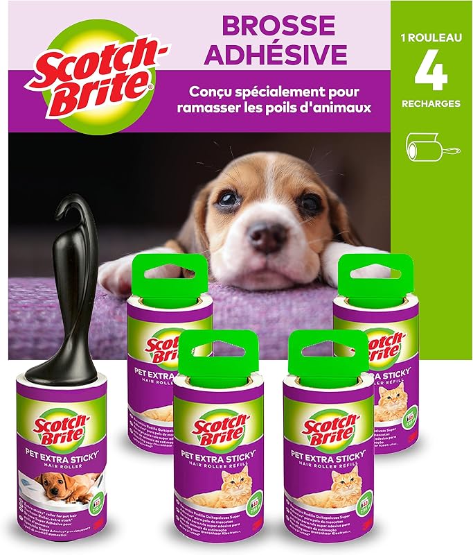 Scotch-Brite Super Adhesive Pet Hair Roller, 48 Sheets + 4 Extra Adhesive Brush Refills