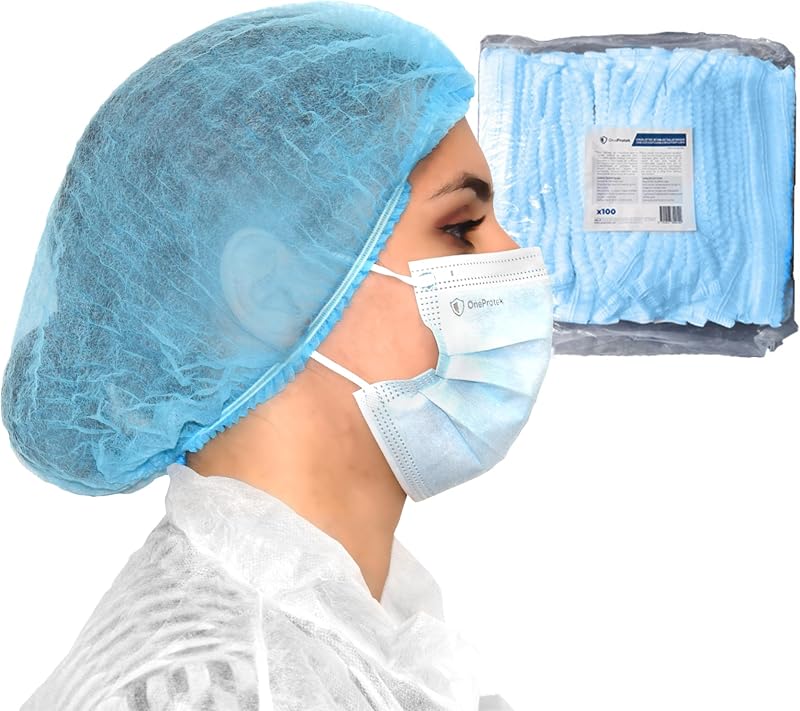 Disposable Hair Caps - 100 OneProtek Disposable Hair Caps (Blue) for Food and Medical Use, 53 cm, Breathable a