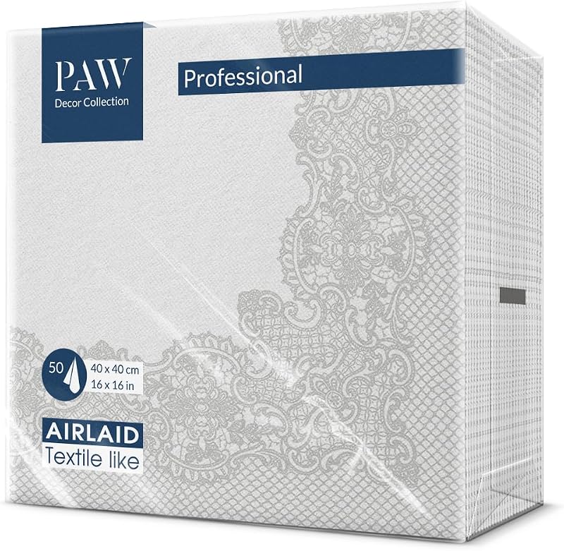 PAW Paper Napkin – Airlaid (40 x 40 cm) I Classic Ornament, Silver, Frame I Decoration Birthday, Wedding, Chri